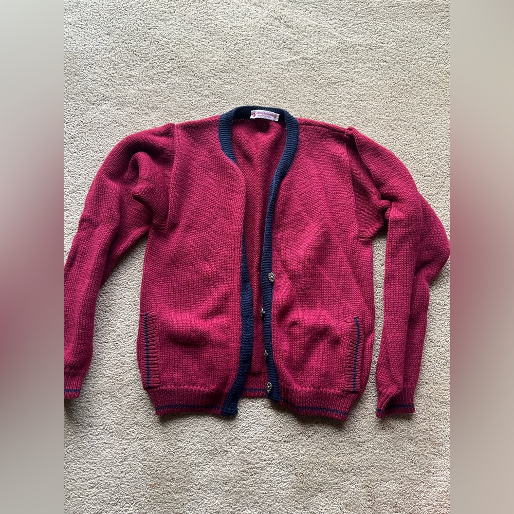 Vintage 1980’s burgundy red with navy trim and gold button sweater